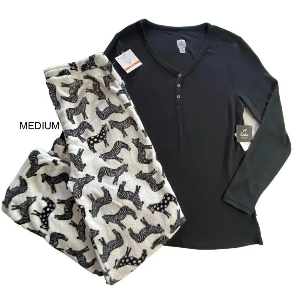ECHO WOMEN’S MEDIUM 2 pc Long Sleeve Top & Zebra Print Pajama Pant SET